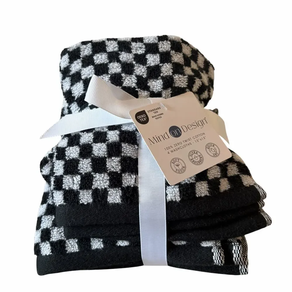 6pc Chic Black & White Checkered Towel Set- 2 Bath Towels 4 Washcloths Cotton